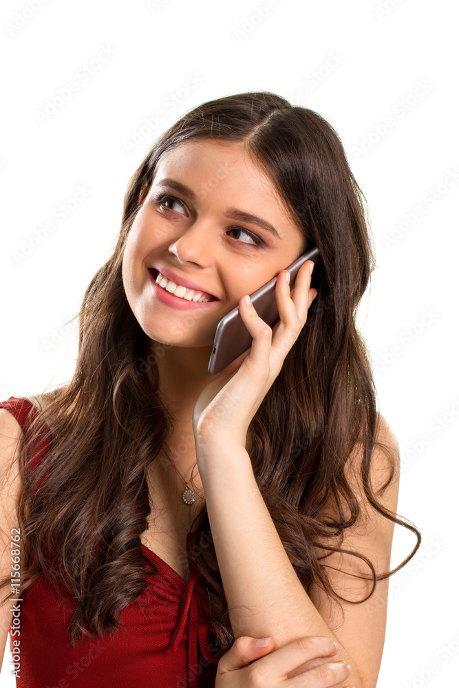 Girl with phone smiles. Happy lady on blank background. Charge of positive mood. Sharing joy with loved ones. Girl with phone smiles. Happy lady on blank background. Charge of positive mood. Sharing joy with loved ones.