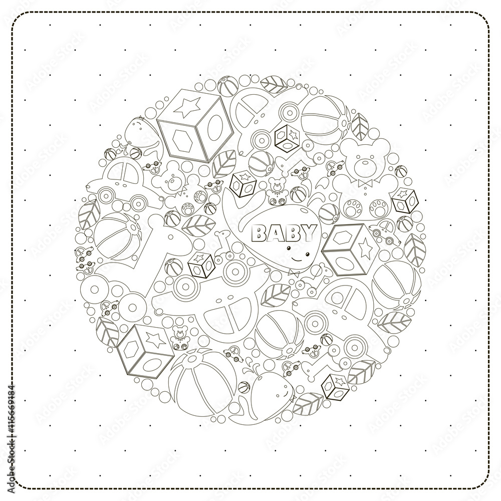 Cover design for the greeting card for the birth of the baby.Depicted in dashed frame, toys, components of the large circle and the word baby on their background. The image is black and white. Cover design for the greeting card for the birth of the baby.Depicted in dashed frame, toys, components of the large circle and the word baby on their background. The image is black and white.