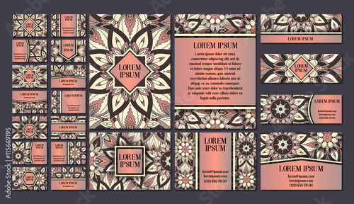 Big templates set. Business cards, invitations and banners. Floral mandala pattern ornaments. Oriental design Layout.