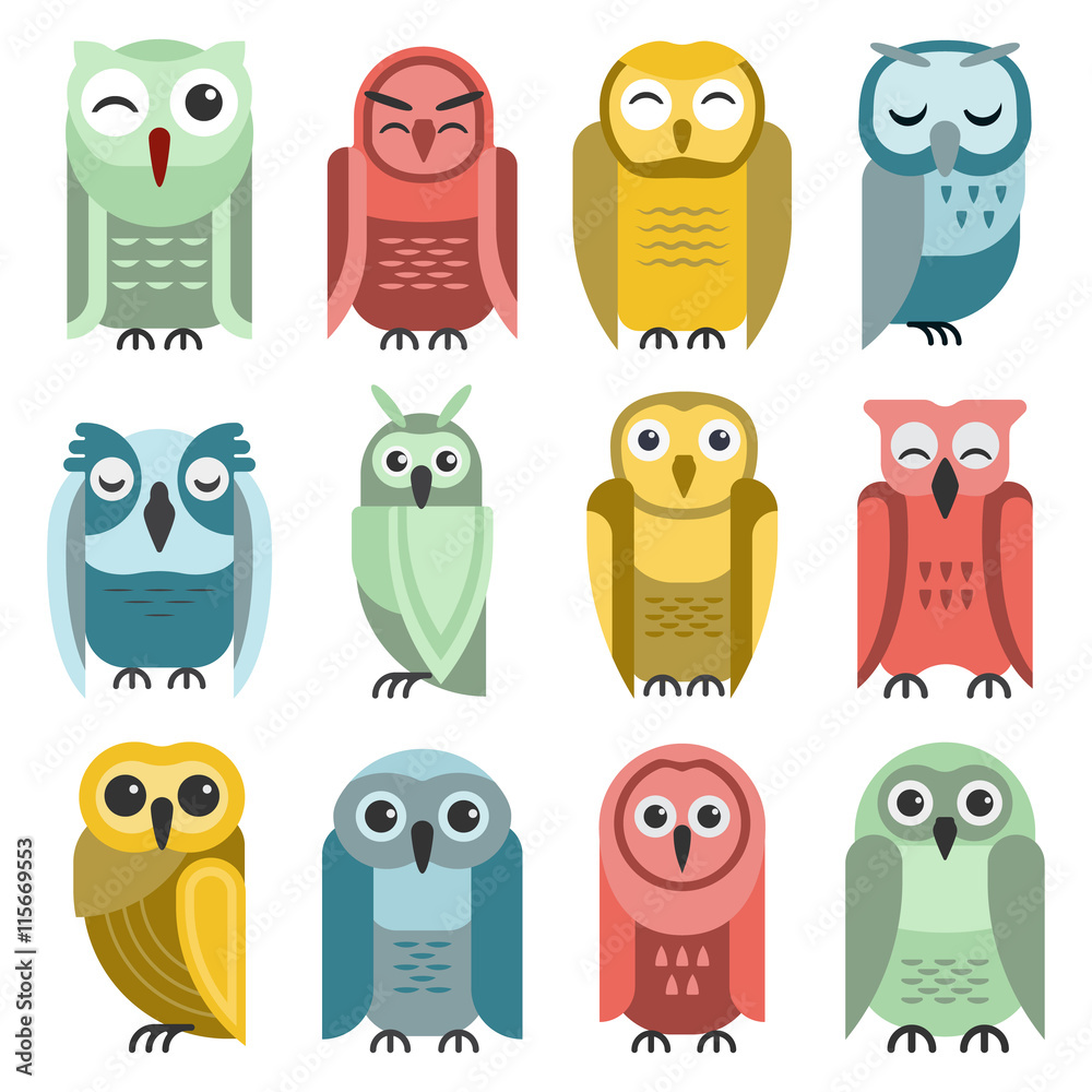 Cute vector collection of bright cartoon owls. Animal character cartoon owl  comic funny collection. Doodle cheerful birds behavior cartoon owl.  Adorable different owl various expression birds. Stock Vector | Adobe Stock