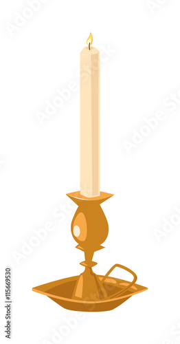 Burning wax candle flat illustration. Cartoon candle on a saucer. Traditional holidays candles isolated .