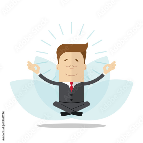Cartoon businessman or manager meditates in the lotus position. Isolated on white background.