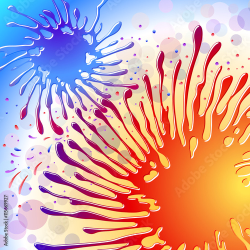 Splashes of liquid water paints of cold and warm color; Spray interact in the gearing; Eps8