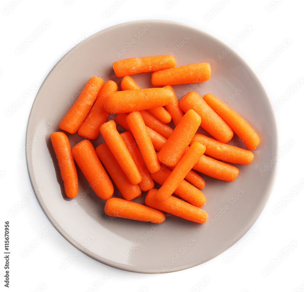 Small baby carrots in plate on white background Small baby carrots in plate on white background