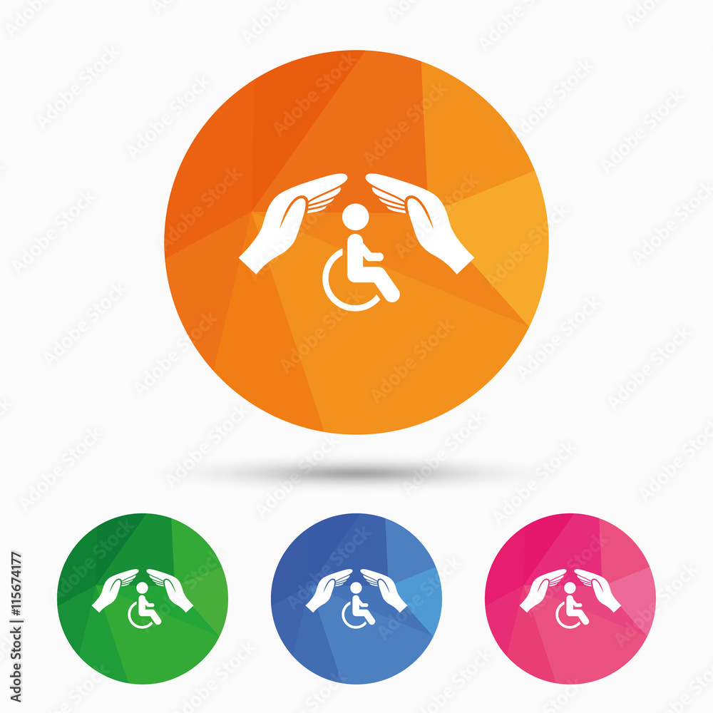 Disabled human insurance sign. Hands protect. Disabled human insurance sign. Hands protect.