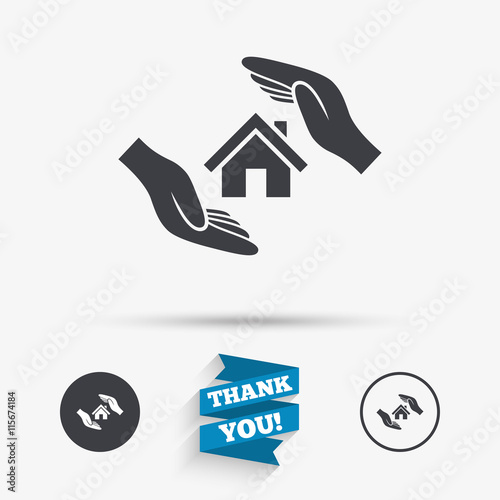 House insurance sign icon. Hands protect cover.
