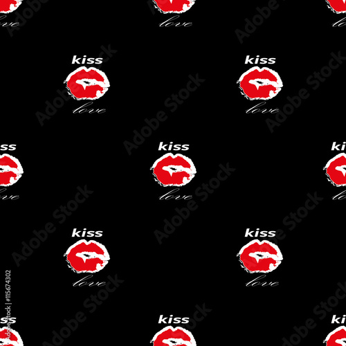 Lips with kiss and love seamless pattern on black background