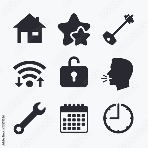 Home key icon. Wrench service tool symbol.