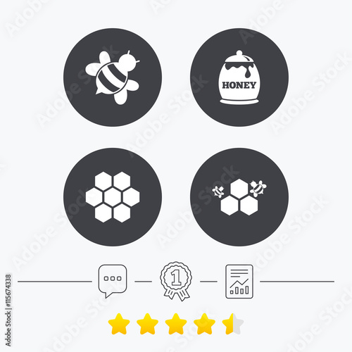 Honey icon. Honeycomb cells with bees symbol.