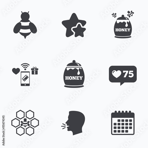 Honey icon. Honeycomb cells with bees symbol.