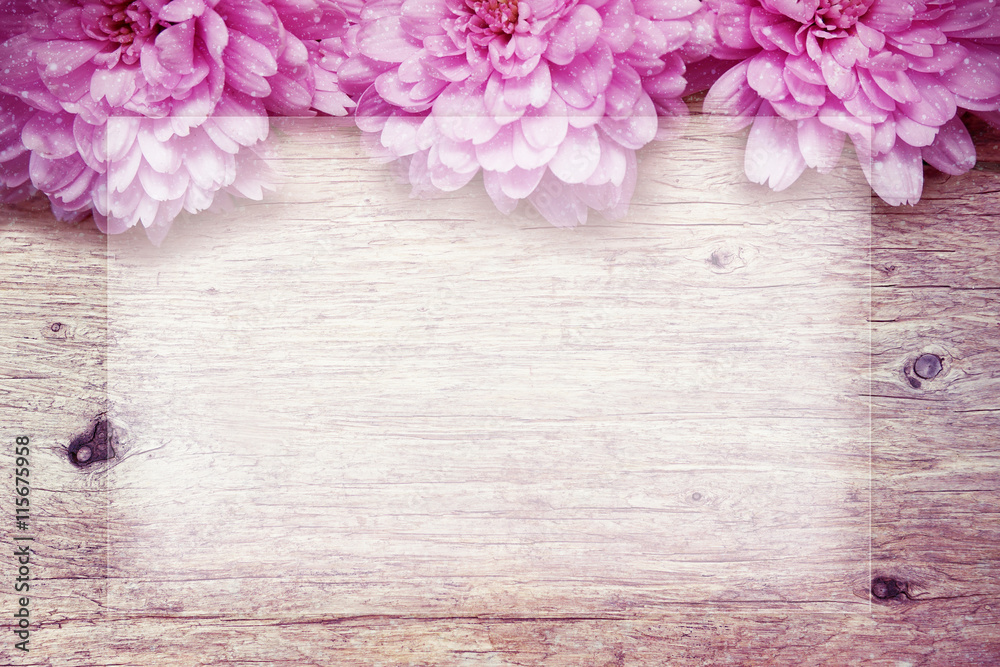 pink flowers on wooden sparkle background