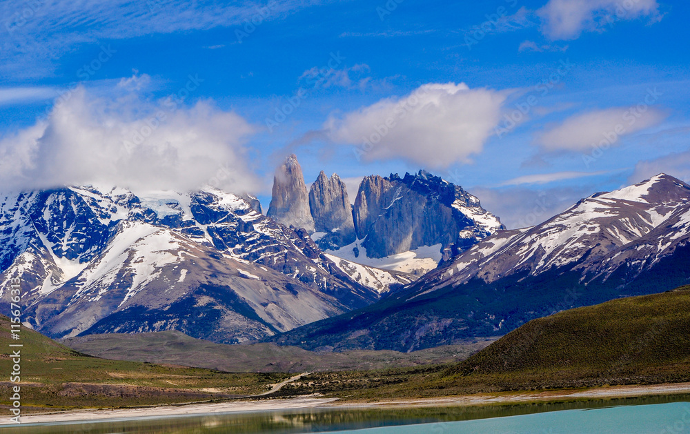 Landscape of lakes and mountains in Torre del Paine
