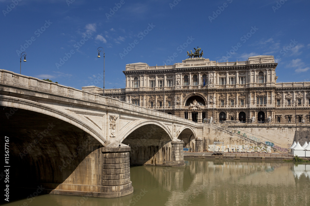 Classical architecture alongside the Tiber River in Rome, Italy 
