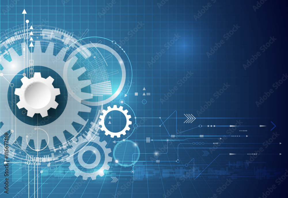 Vector technology background. illustration gear wheel, hexagons and circuit board, Hi-tech technology engineering, digital telecoms technology concept. Abstract futuristic on blue color background Vector technology background. illustration gear wheel, hexagons and circuit board, Hi-tech technology engineering, digital telecoms technology concept. Abstract futuristic on blue color background