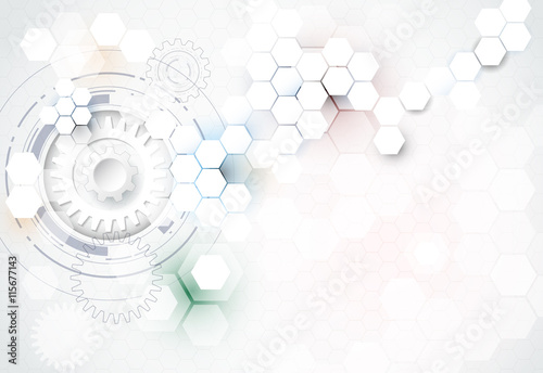Vector illustration gear wheel, hexagons and circuit board, Hi-tech digital technology and engineering, digital telecoms technology concept. Abstract futuristic on light blue color background