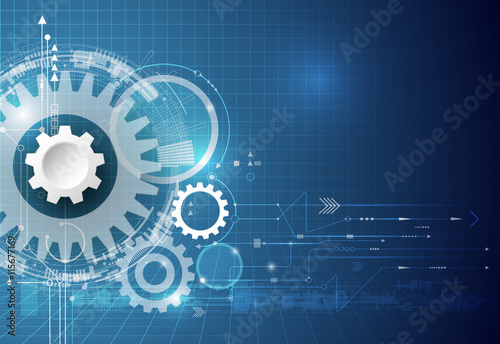 Vector technology background. illustration gear wheel, hexagons and circuit board, Hi-tech technology engineering, digital telecoms technology concept. Abstract futuristic on blue color background