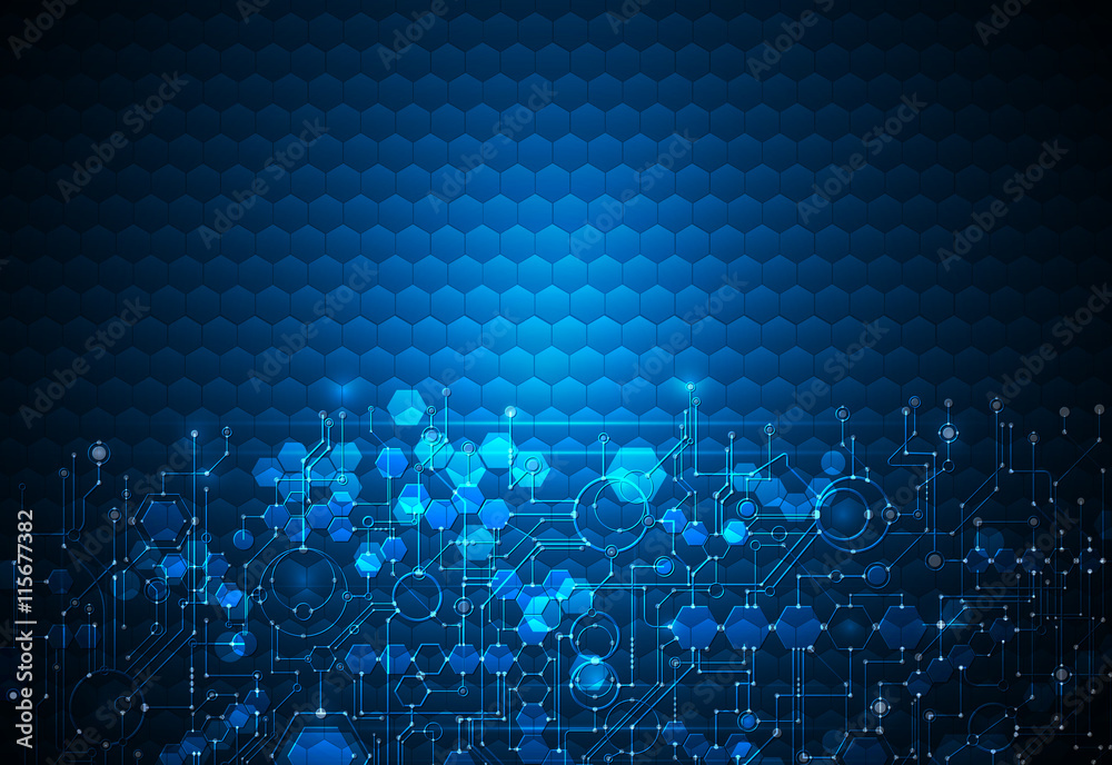 Vector illustration circuit board on hexagons background. Hi-tech digital technology and engineering, digital telecoms technology concept. Vector abstract futuristic on dark blue color background