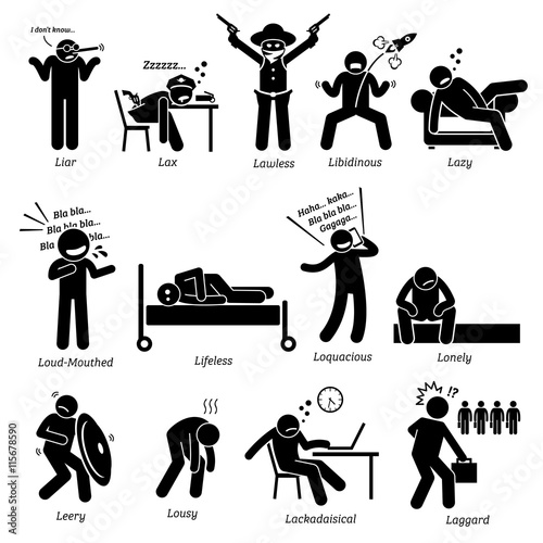 Negative Personalities Character Traits. Stick Figures Man Icons. Starting with the Alphabet L.