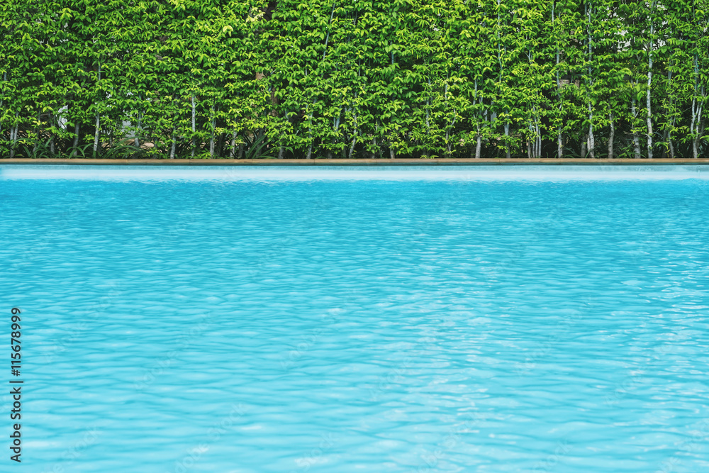 Blue ripped water with green bush at swimming pool