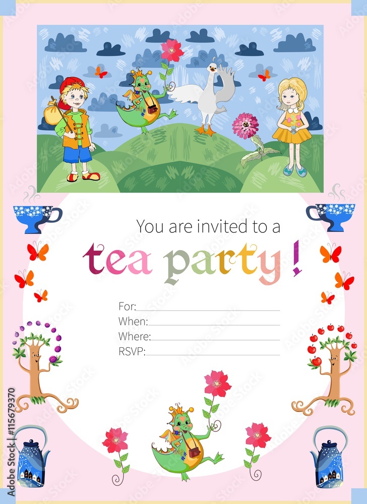 Childish tea party invitation with fairyland. Cute vector template