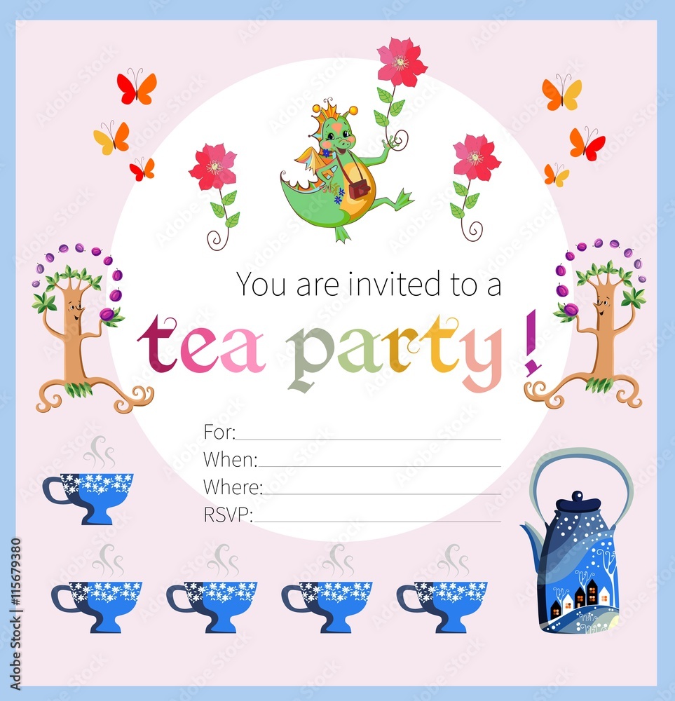 Tea party invitation for kids. Card with happy dragon, flowers and