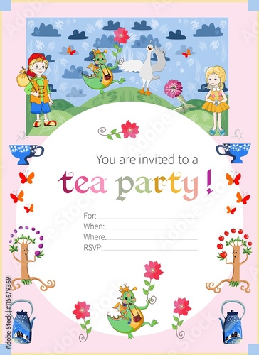 Tea party invitation for kids. Cute illustration of fairy land. Vector template. 