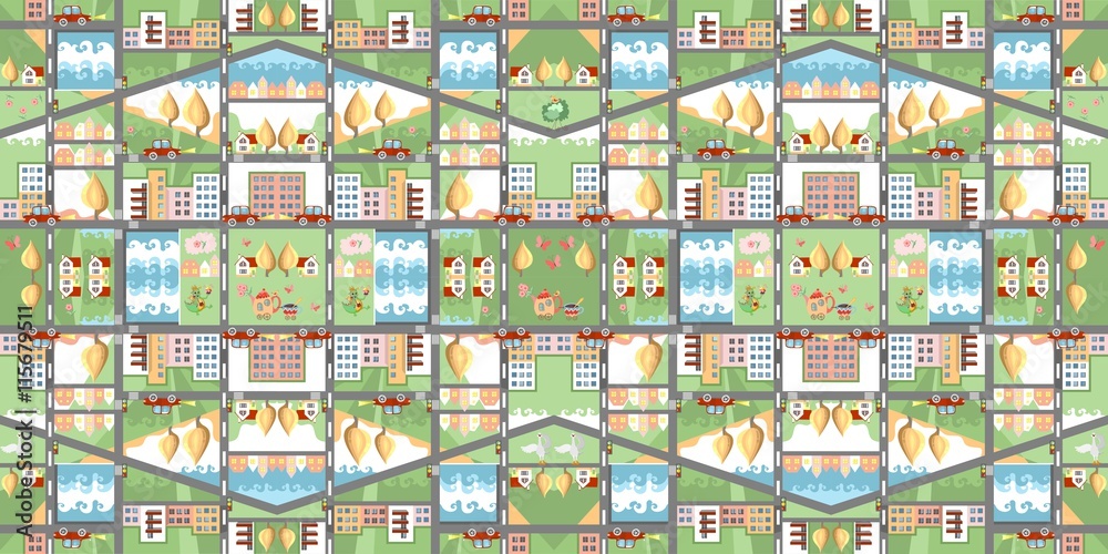 Cartoon map. Seamless pattern of summer city. Cute childish vector illustration. Can be used for floor carpeting, wallpapers, bed linen fabric.