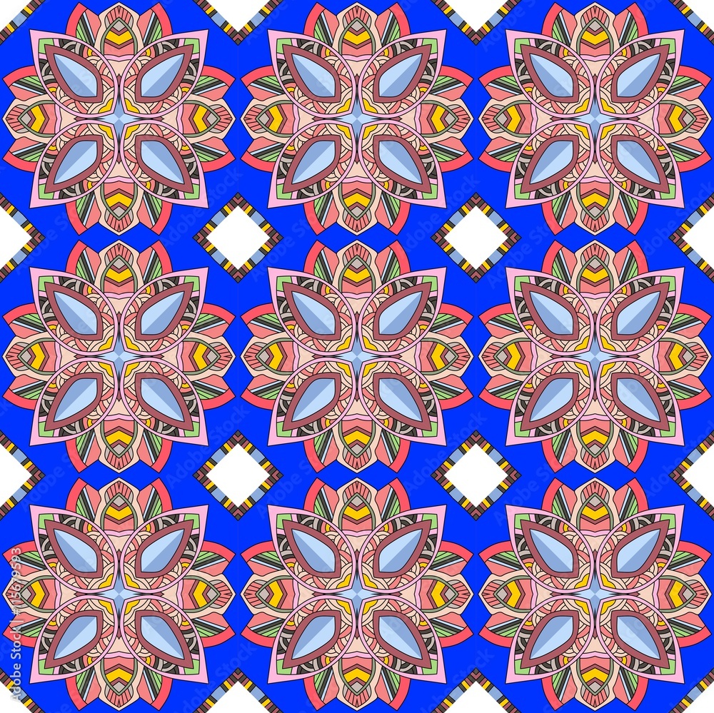 Seamless vector pattern with geometric flowers on royal blue background Seamless vector pattern with geometric flowers on royal blue background