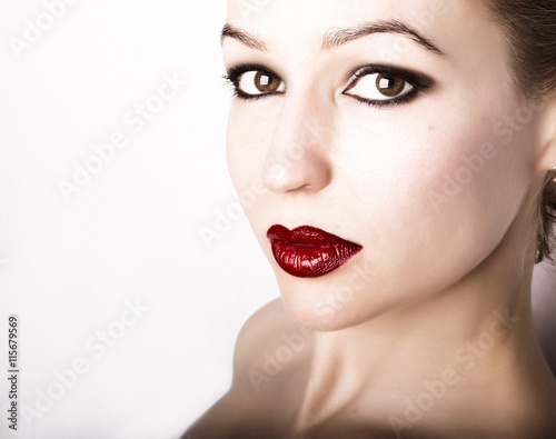 Sexy Lips. Beauty Red Lip Makeup Detail. Beautiful Make-up Closeup. Sensual Open Mouth. Model Woman s Face closeup