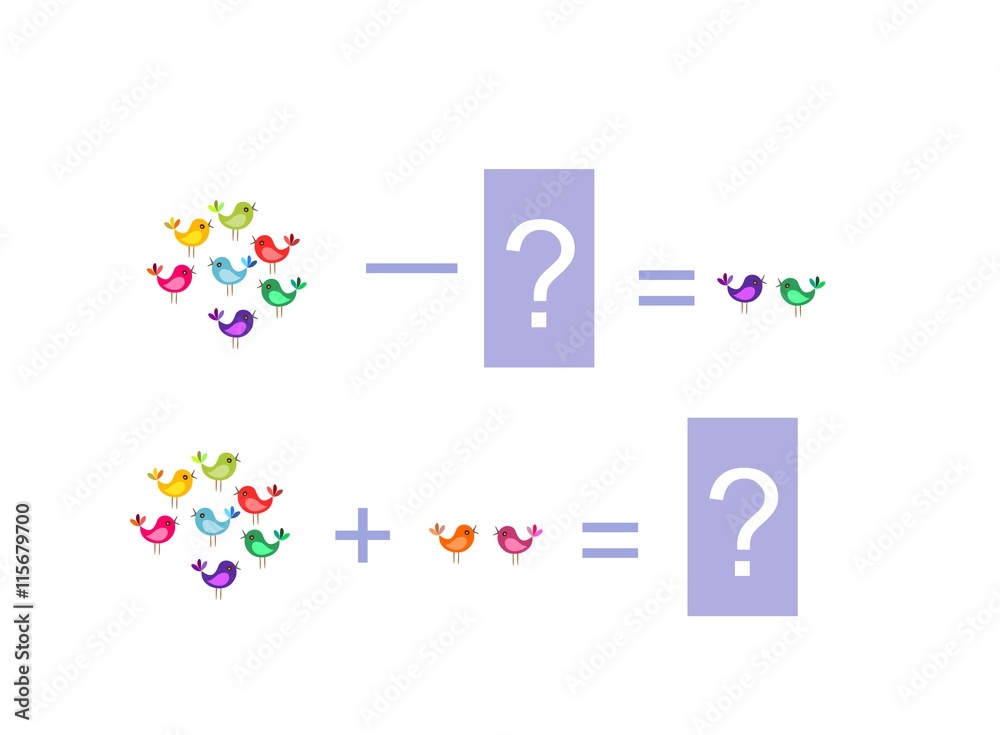 Cartoon illustration of mathematical addition and subtraction. Examples with colorful little birds. Educational game for children. Cartoon illustration of mathematical addition and subtraction. Examples with colorful little birds. Educational game for children.