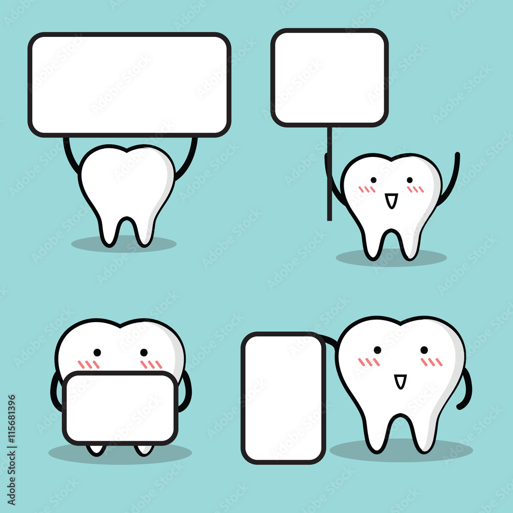 Obraz premium Vector of Cute cartoon tooth holding blank white board with space for text.
