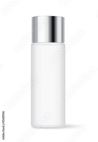 Cosmetic bottle with silver cap isolated on white background. Ideal for facial cleansing packaging and lotion and skincare or other.