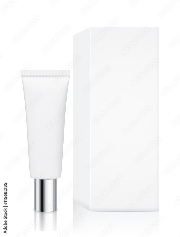 Tube container small size with silver cap and white box isolated on white background, Ideal for mock up packaging.