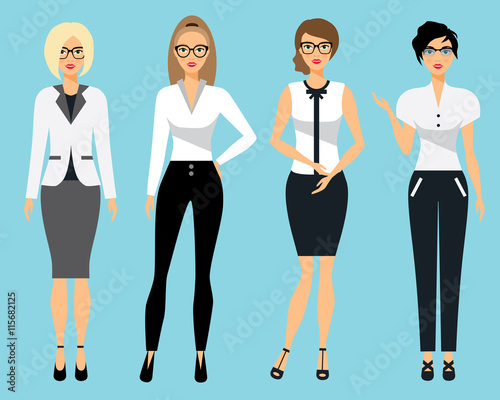 Set of business clothes for women. Woman in office . Flat Vector Illustration.