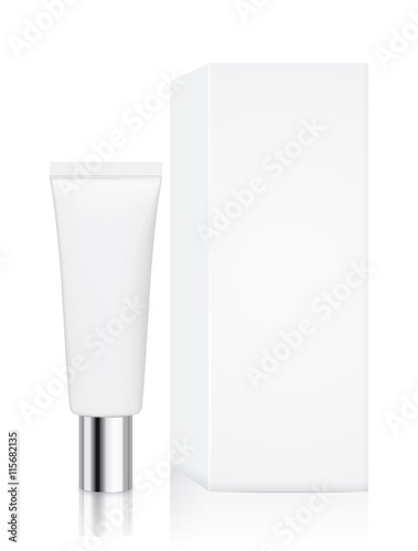 Tube container small size with silver cap and white box isolated on white background, Ideal for mock up packaging.