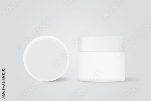 Opaque cream jar with white cap for beauty product mock up design in front view and top view.