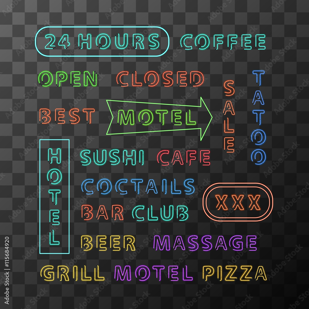 Set of neon sign boards for night city on transparent background Stock ...