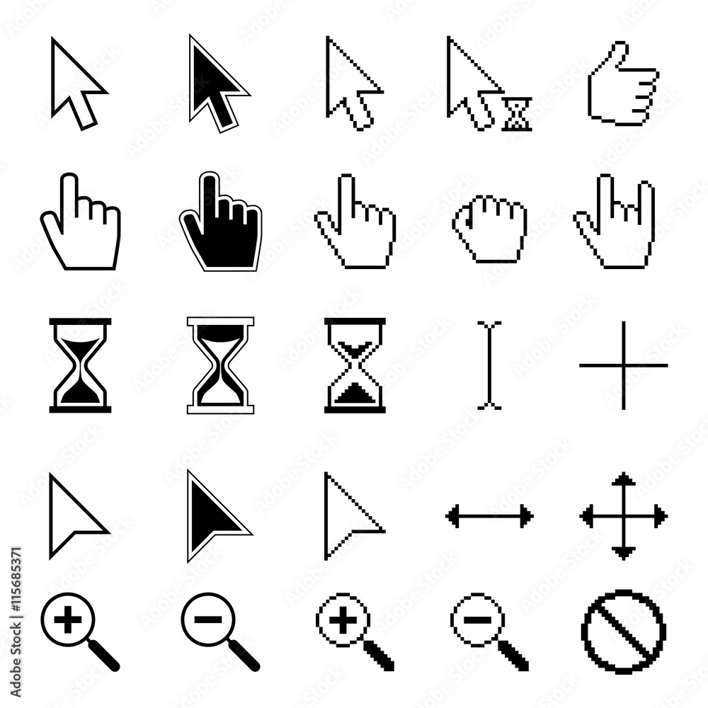 Different Smooth And Pixel Mouse Cursors Vector Set Pixel Cursor Mouse 
