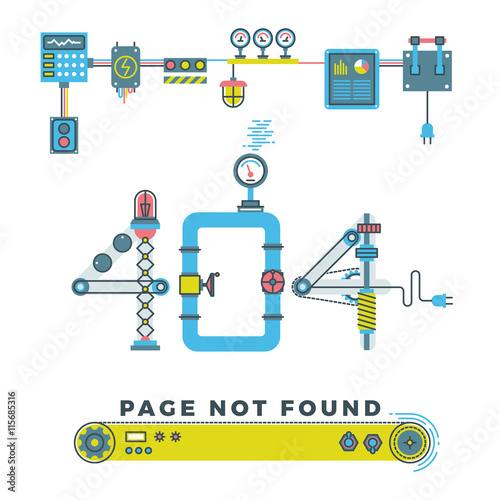 Page not found error 404 vector concept with robots and machinery. Web page error, illustration mechanical mechanism page error