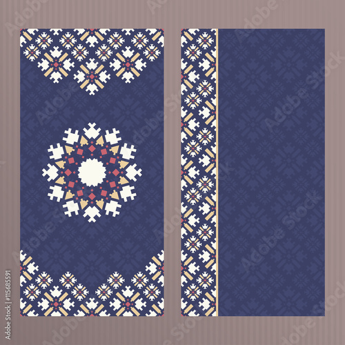 Set of two vector cards. Menu design template. Booklet concept cards. Two ethnic layouts.