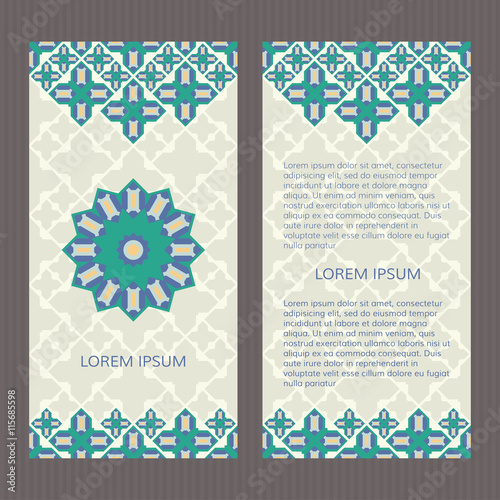 Set of two vector cards. Islamic design vector template. Booklet concept cards. Two ornamental layouts.