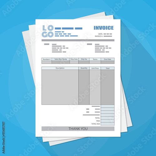 unfill paper invoice form. tax. receipt. bill.