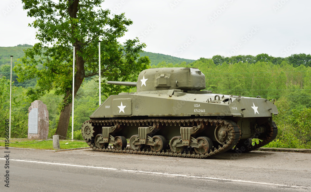 Sherman tank monument in Belgium Ardennes on the river Maas Stock Photo ...