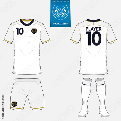 Set of soccer kit or football jersey template for football club. Flat logo on blue label. Front and back view. Football uniform. Vector Illustration