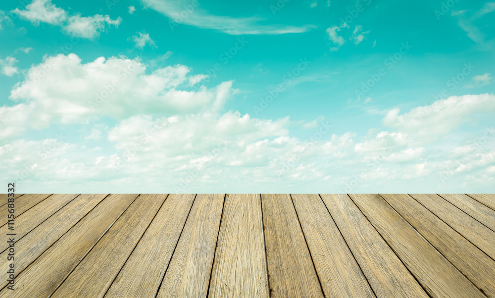 Retro wooden floor on sky and clouds, Soft & Blur background Retro wooden floor on sky and clouds, Soft & Blur background