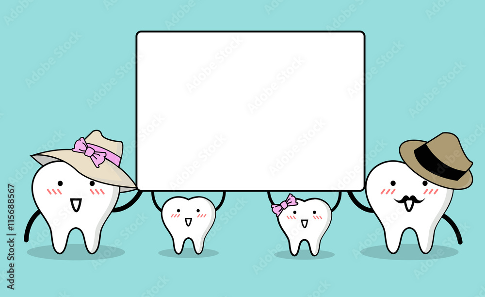 Obraz premium Vector of Cute cartoon family tooth holding blank white board with space for text.
