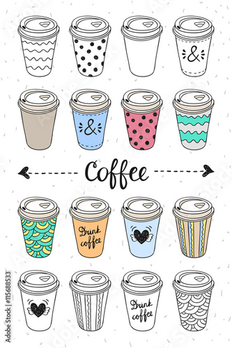 Paper coffee cups for coffee to go. Doodle design take away hot drinks: coffee and tea