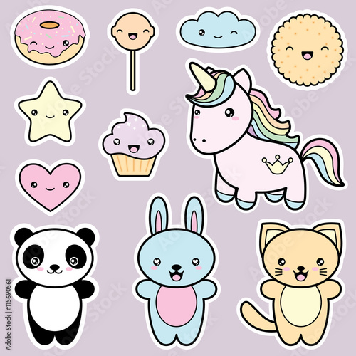 Set collection of cute kawaii style labels
