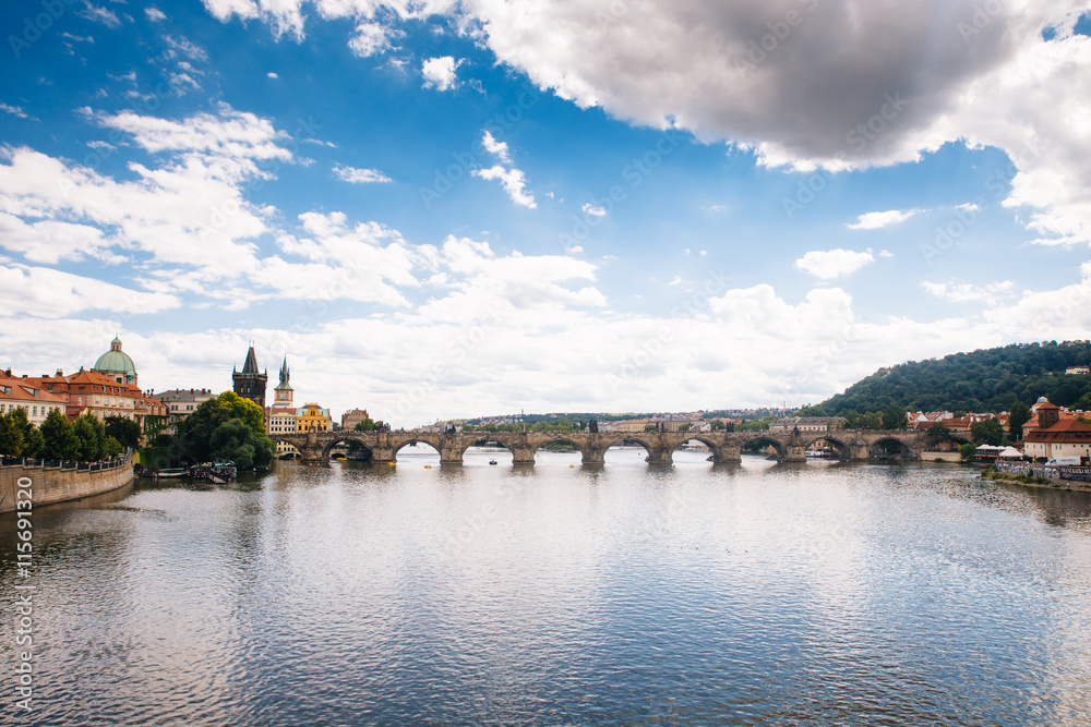 Prague, Czech Republic - 04 July 2016. The summer photo of Charles bridge. Praha, Chezh Republic capital like a point of travel destination.