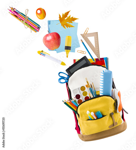 Backpack isolated on white backgorund with school supplies flying out